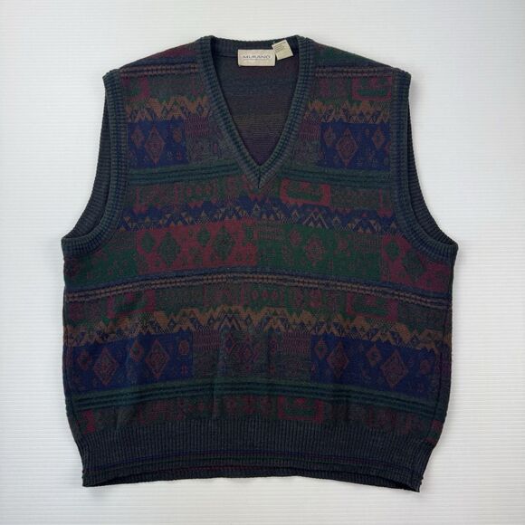 Vintage Murano Wool Blend Sweater Vest Men’s L Italy 80s 90s Retro Geometric - Picture 1 of 7